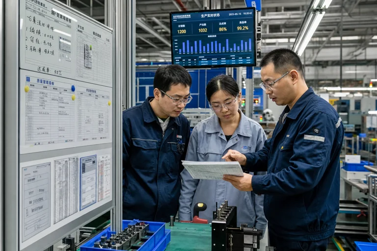 生产与质量人员在车间查看装配流程示意图
