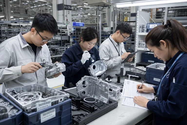 生产与质量人员在装配线旁检查豪车零部件一致性