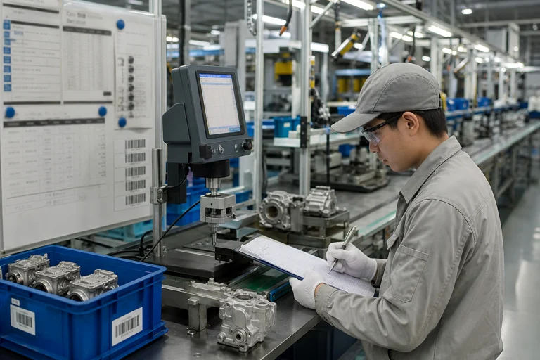 生产与质量人员在装配线上检查关键工序的示意图